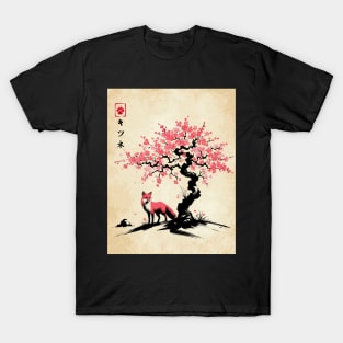 Minimalist Fox Ink Japanese Streetwear Novelty Retro Red Fox T-Shirt